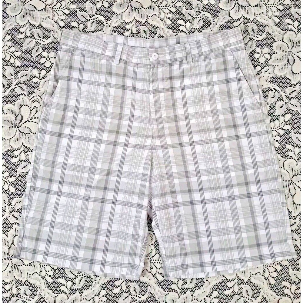 Ben Hogan Performance Golf Shorts Mens 34 White Gray Plaid Flat Front Pre-owned
